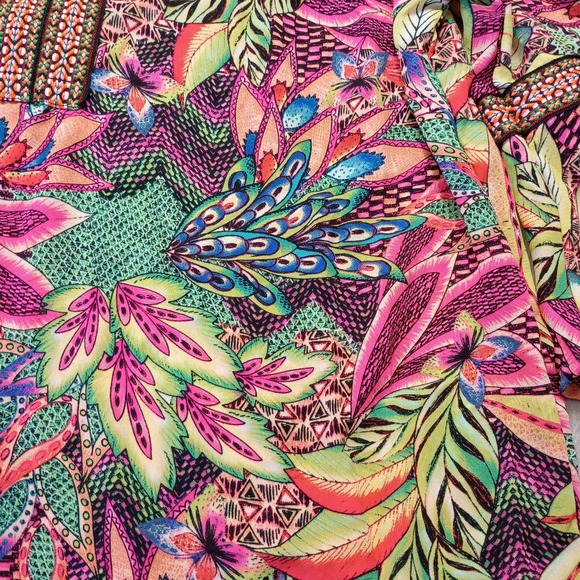 Macy's Tacera Women's M Summer Beach Party Boho 70's 3/4 Flare Neon Floral - Picture 12 of 12